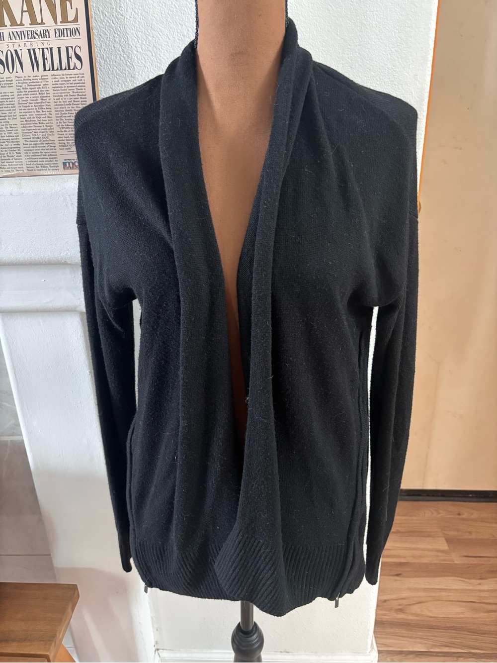 Banana Republic Black Open-Front Draped Cardigan SZ M -Cool Zipper on the Sides.